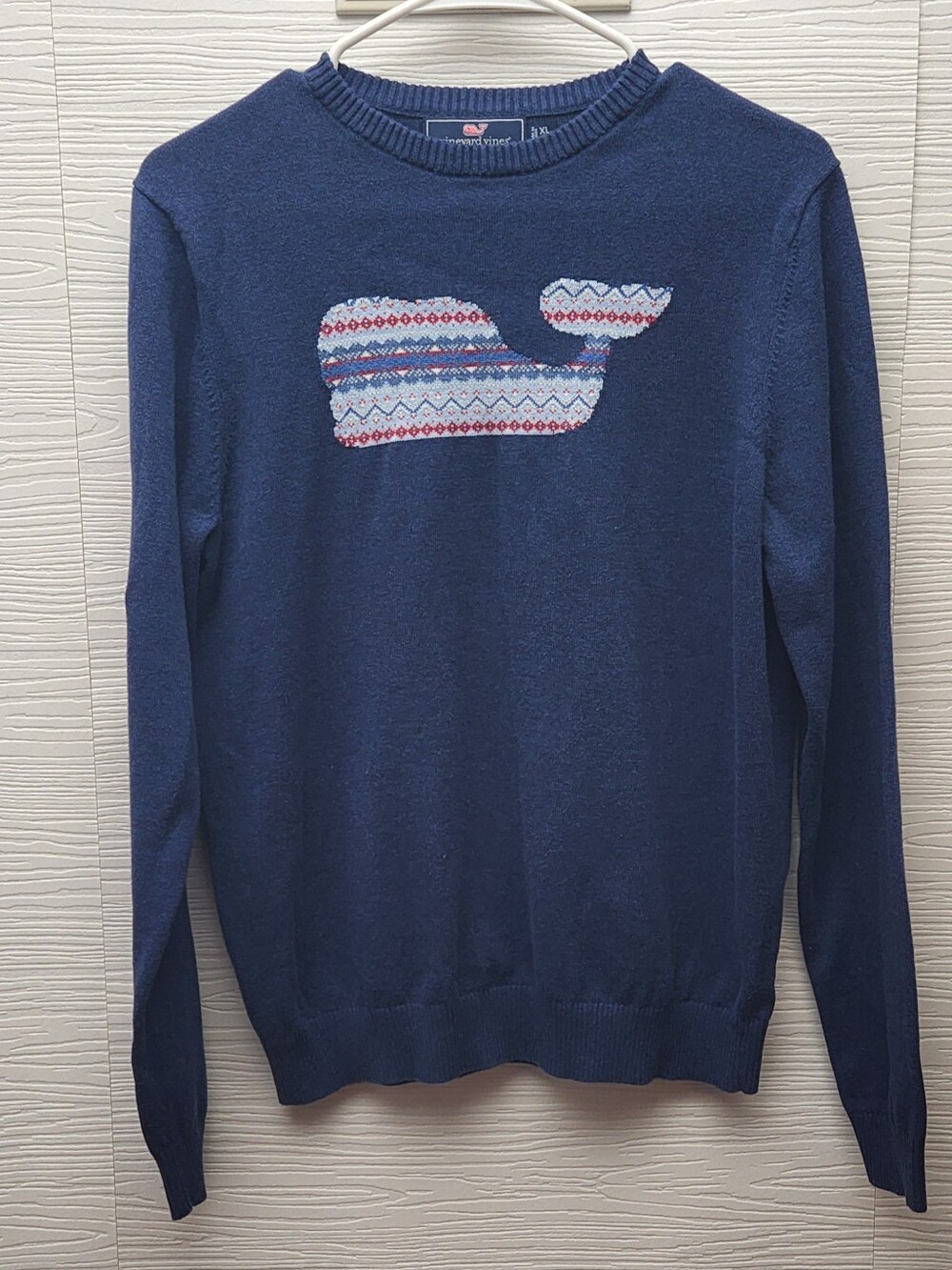 Vineyard Vines Boys XL 18 Navy Fair Isle Whale Crewneck 100% Cotton Sweater